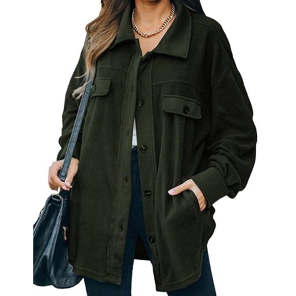 Tracies Jackets & Blazers - NWT Dark Green Oversized Button Down Fleece Shacket